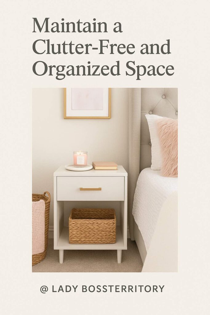 A tidy and organized bedroom with a white nightstand, gold drawer pull, woven baskets, and minimalist decor.