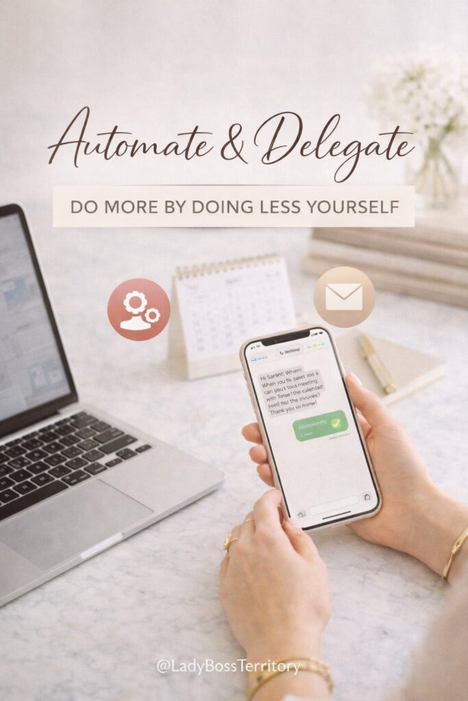 Woman holding a smartphone with automation and email icons overlay, text reads "Automate & Delegate Do More By Doing Less Yourself."