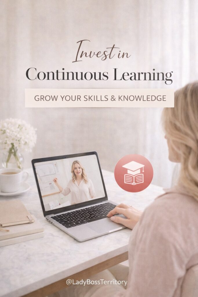 Woman watching an online course on a laptop, text overlay reads "Invest in Continuous Learning Grow Your Skills & Knowledge."