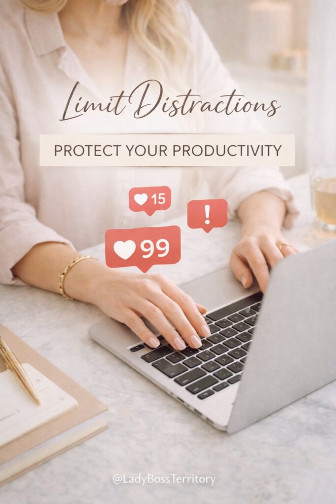 Woman typing on laptop with red social media notification icons overlay, text reads "Limit Distractions Protect Your Productivity."