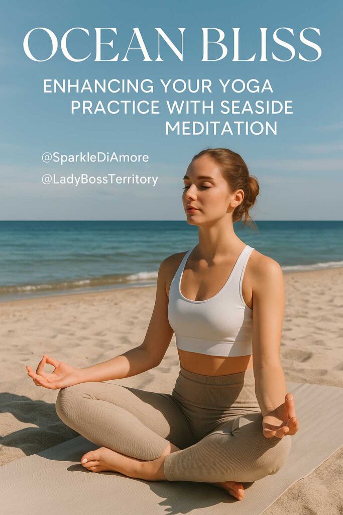 Woman meditating in lotus pose on a sunny beach, practicing yoga with eyes closed in front of the calm ocean.
