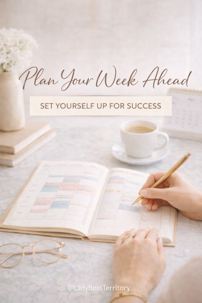Woman writing in a planner on a marble desk with glasses and coffee, text overlay "Plan Your Week Ahead Set Yourself Up For Success."