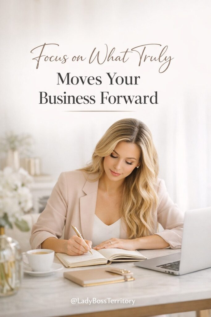 Female entrepreneur in a pink blazer writing in a planner with text overlay "Focus on What Truly Moves Your Business Forward."