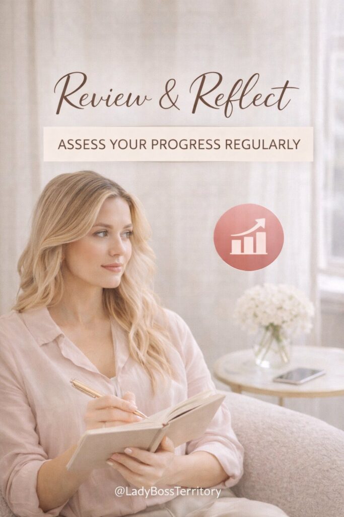 Woman journaling with a rising graph icon overlay, text reads "Review & Reflect Assess Your Progress Regularly."