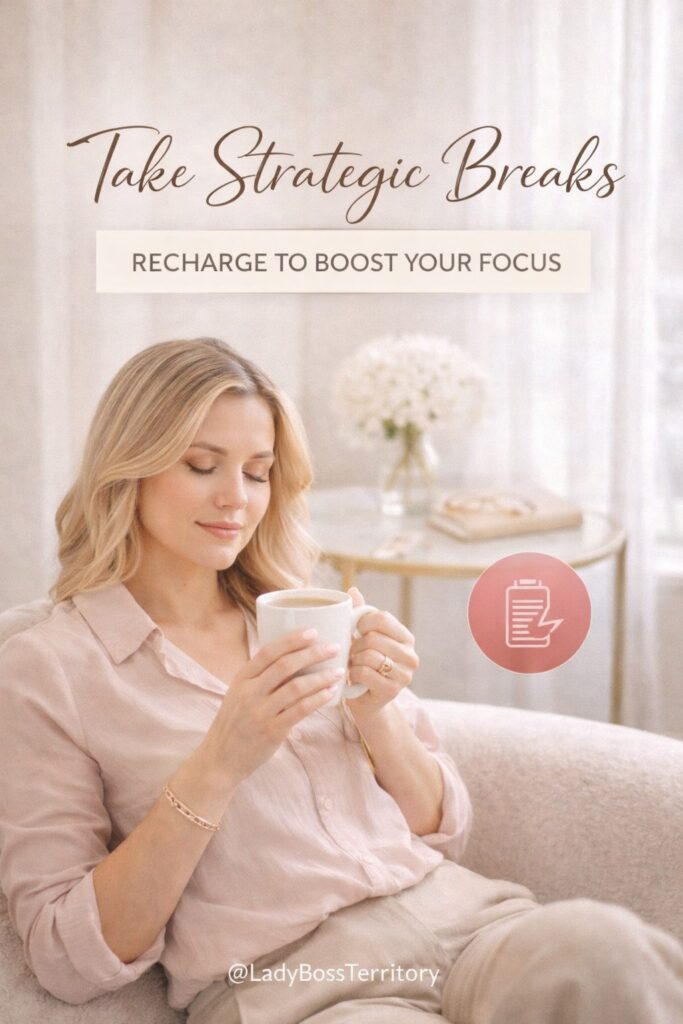 Woman relaxing with a coffee cup, eyes closed, with text overlay "Take Strategic Breaks Recharge to Boost Your Focus."