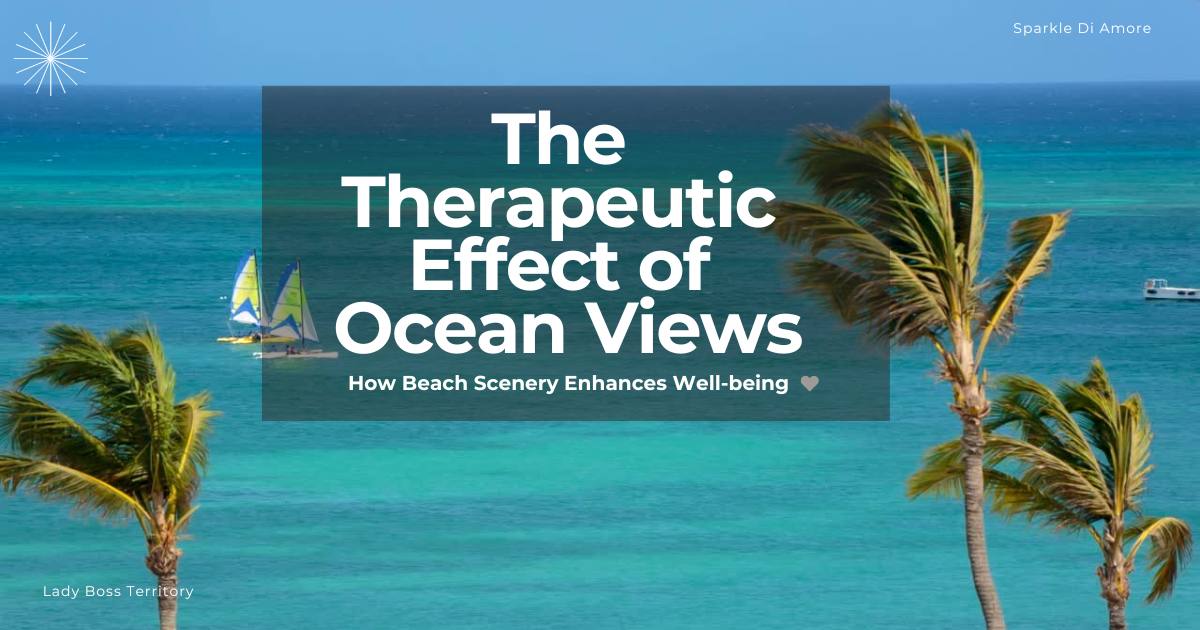 Serene ocean view with palm trees and sailboats, representing the therapeutic effect of beach scenery on well-being.