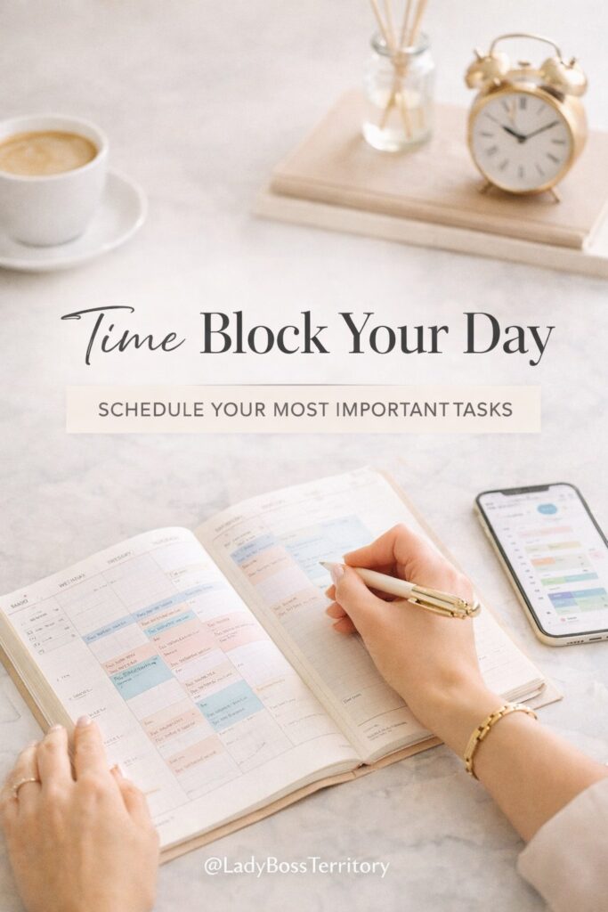 Open planner showing time blocking schedule with a clock in the background, text overlay reads "Time Block Your Day Schedule Your Most Important Tasks."