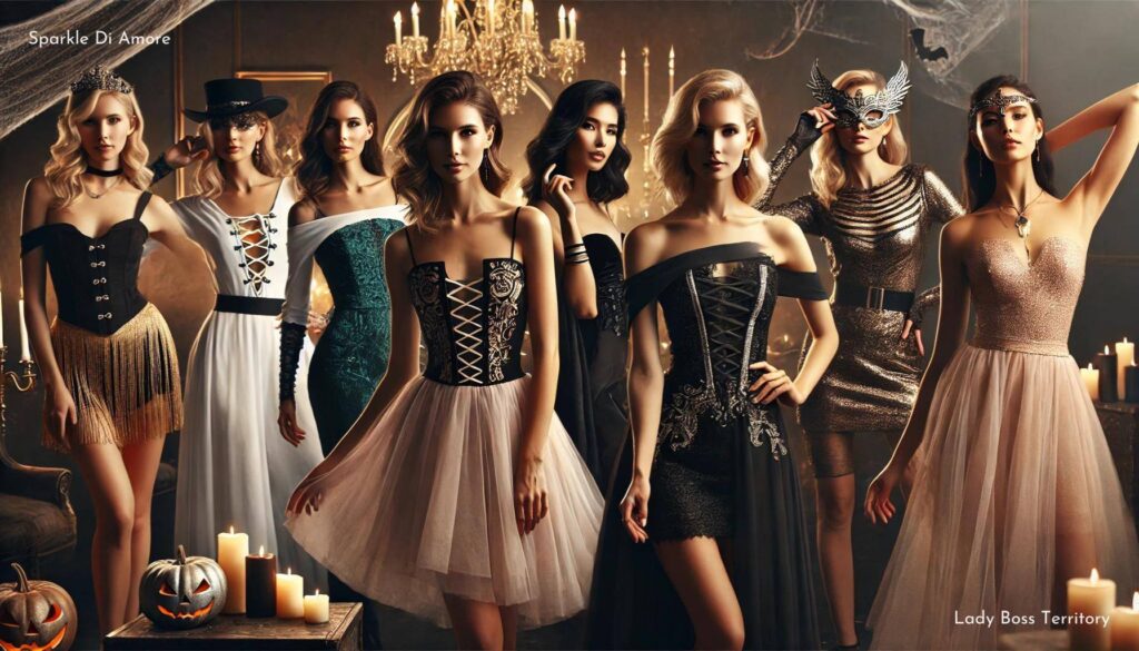 Group of stylish women in chic Halloween costumes including elegant dresses, glamorous masks, and sophisticated Halloween fashion