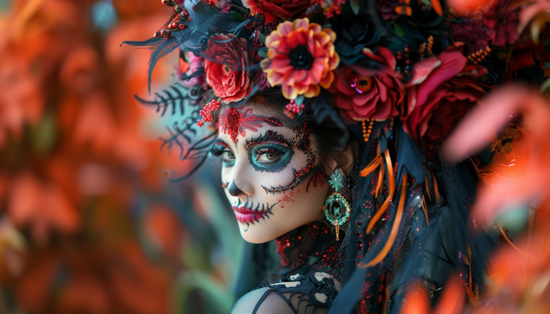 A vibrant DÃa de los Muertos Halloween cover image featuring a woman with intricate sugar skull makeup, adorned with colorful flowers, perfect for festive décor inspiration.