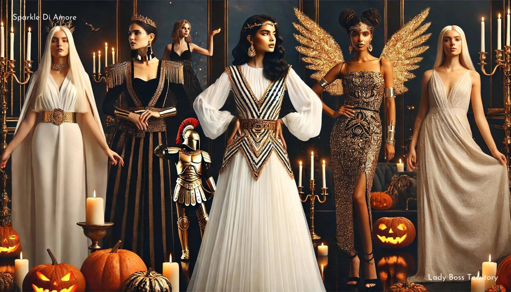 Elegant Halloween costume ideas for women featuring goddess and warrior-inspired looks with sparkling details