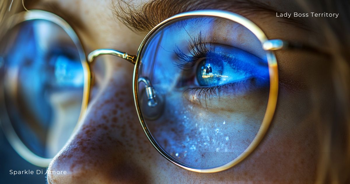 Close-up of a woman's eye reflecting a clear vision through round glasses, symbolizing focused leadership.
