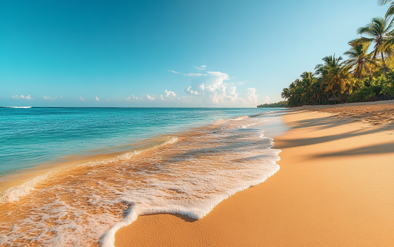 A serene tropical beach with clear blue water, soft golden sand, and palm trees under a vibrant blue sky, perfect for relaxation.