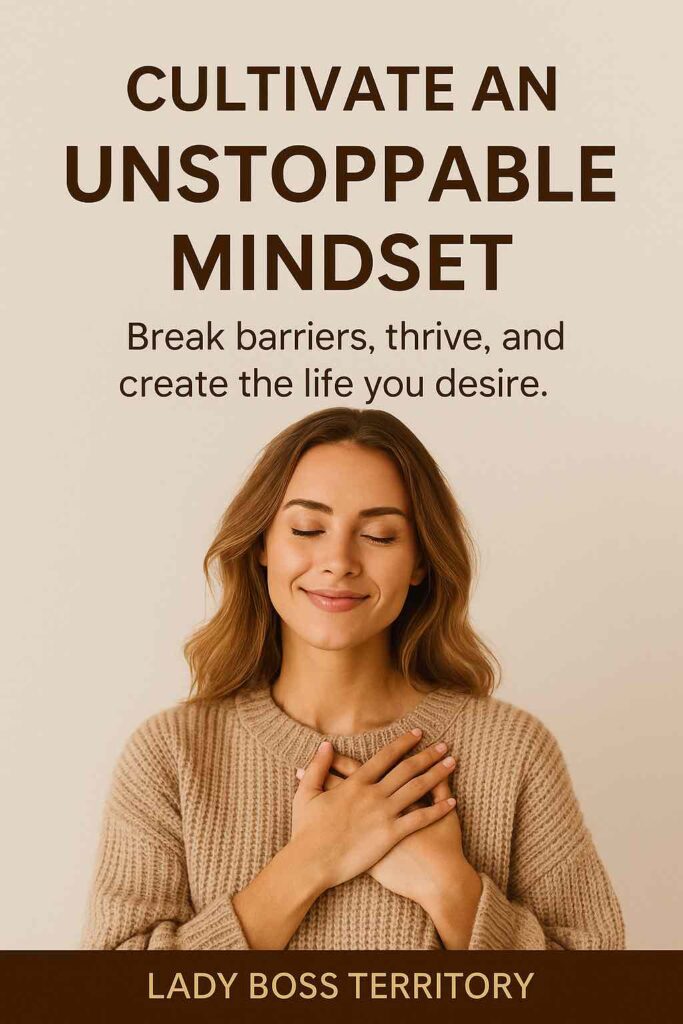 Woman smiling with hands on chest, symbolizing gratitude and inner strength to cultivate an unstoppable mindset.
