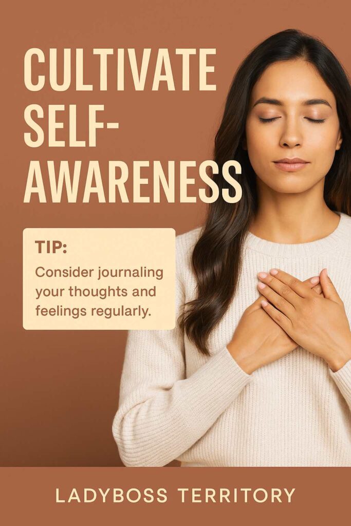 Professional woman with her hands on her heart, eyes closed, cultivating self-awareness and mindfulness for an unstoppable mindset.