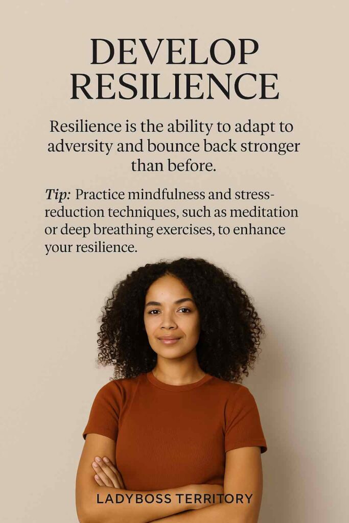 Confident woman demonstrating resilience with motivational text about bouncing back stronger.