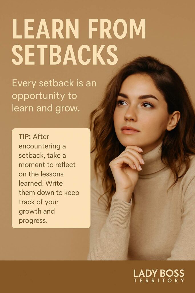Woman reflecting thoughtfully, representing the importance of learning from setbacks and embracing a growth mindset.