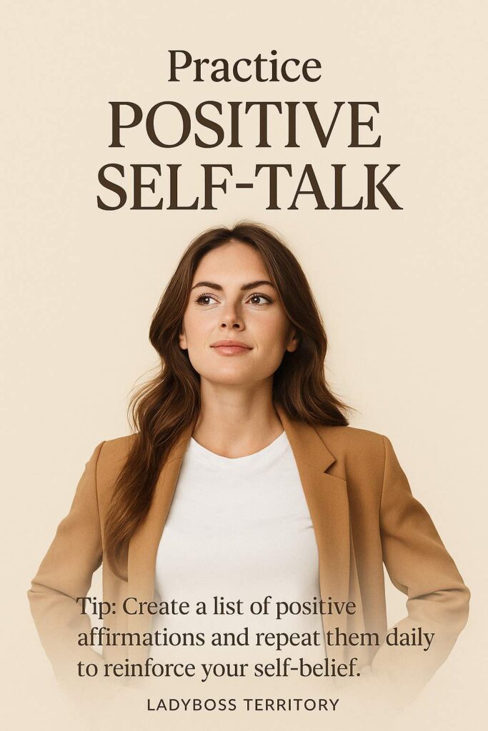 Confident woman practicing positive self-talk with motivational text for building self-belief.