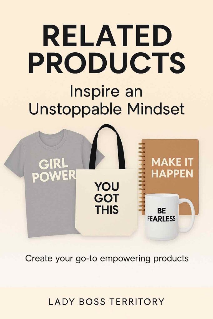 Flat lay of empowering merchandise including a “Girl Power” t-shirt, “You Got This” tote bag, “Make It Happen” notebook, and “Be Fearless” mug.