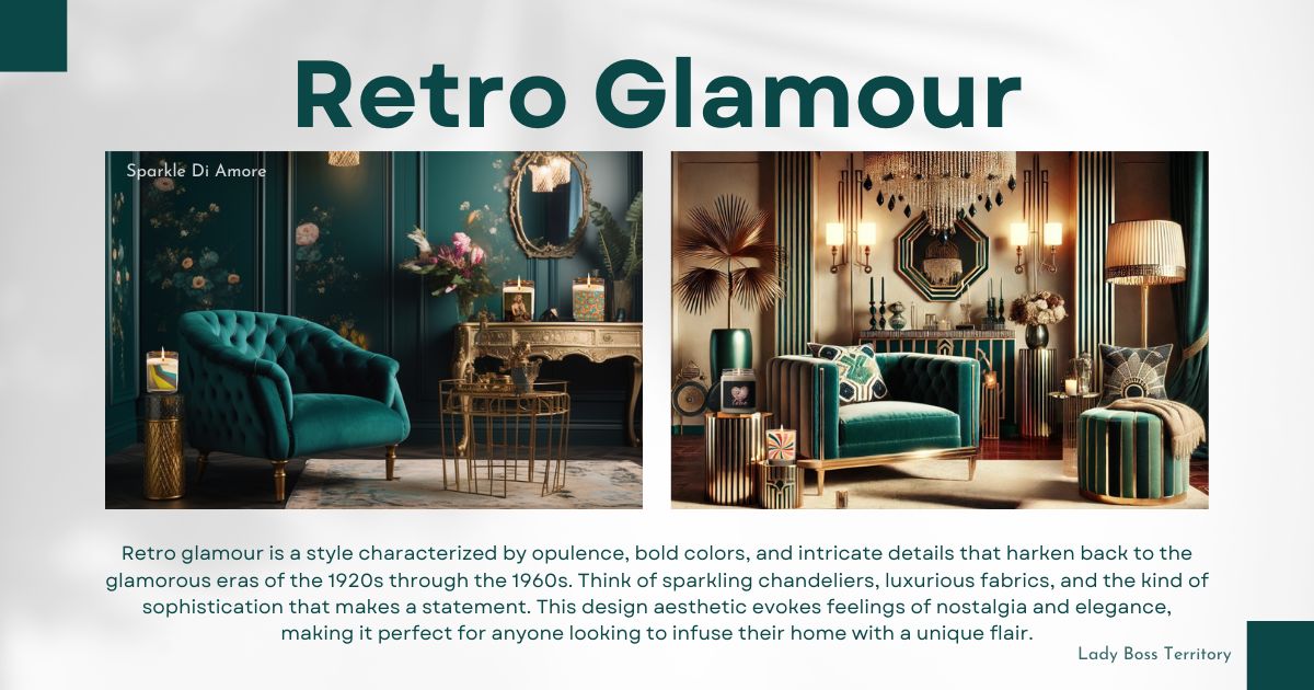 Retro glamour interior design with luxurious velvet furniture, chic throw pillows, and bold jewel tones like emerald green and sapphire blue. A stunning chandelier and art deco patterns complete the vintage Hollywood-inspired look, perfect for creating a sophisticated home.