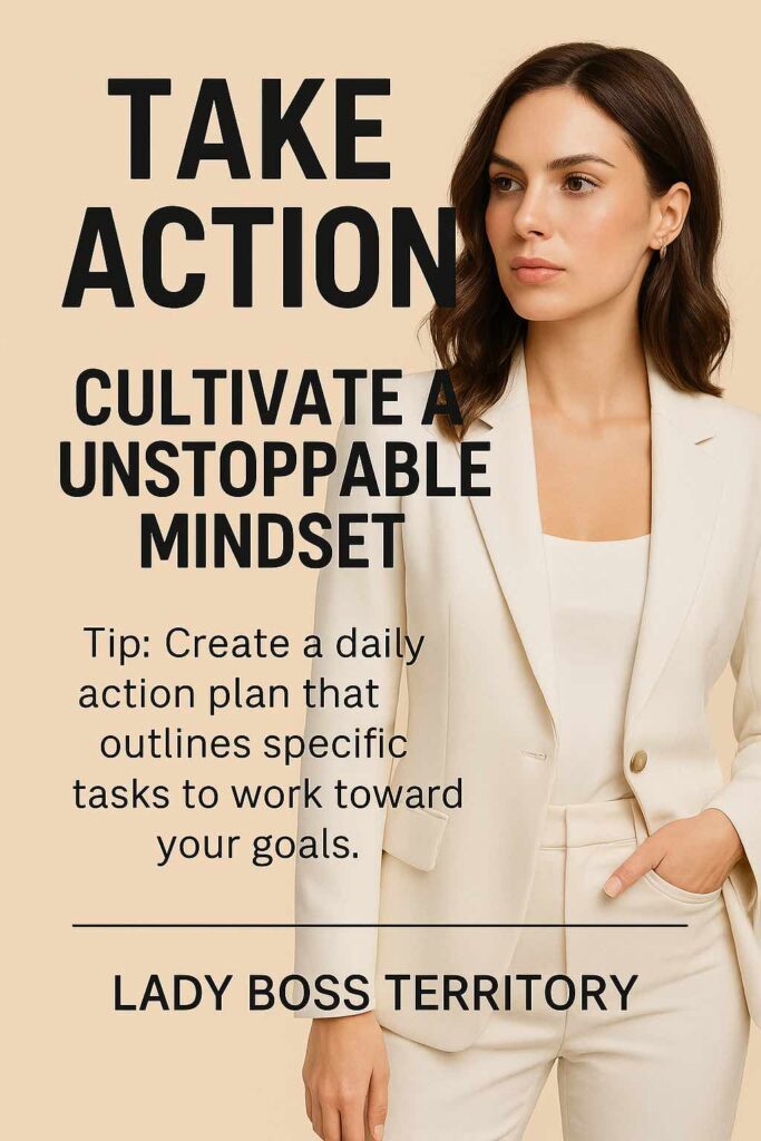 Confident woman in a white suit standing with determination, symbolizing the importance of taking action to cultivate an unstoppable mindset.