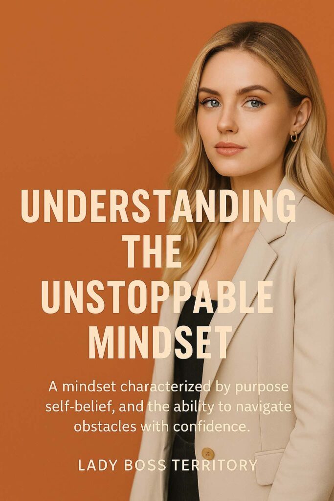 Confident blonde woman in a beige blazer standing against a burnt orange background, symbolizing the unstoppable mindset of breaking barriers and thriving.