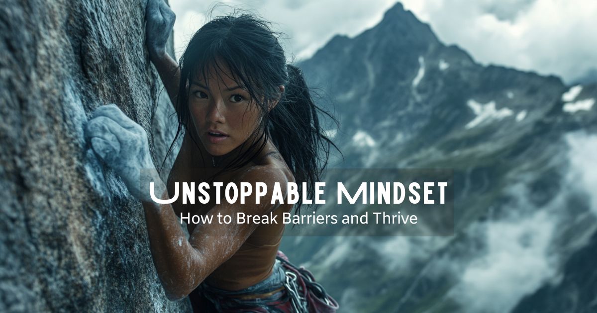 A determined woman climbing a rocky cliff, representing the unstoppable mindset to break barriers and thrive.