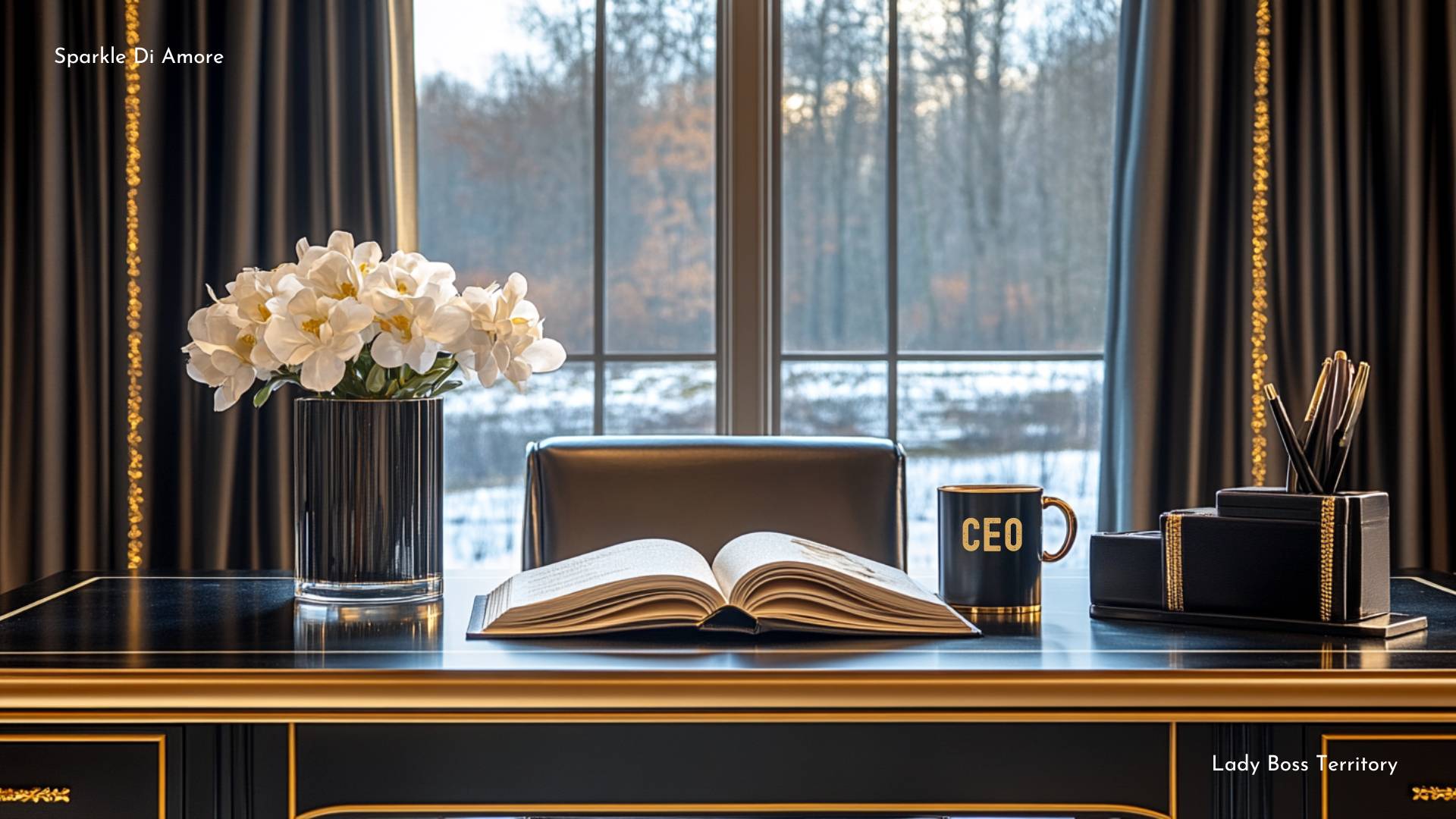 Stylish black and gold home office designed for a modern mom CEO, featuring elegant decor, sleek furniture, and productivity tools