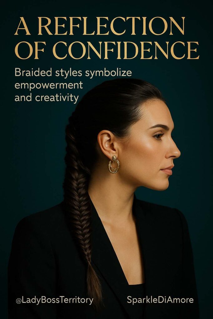 Confident professional woman wearing a fishtail braid with gold earrings and a black blazer, representing how braided styles symbolize empowerment, creativity, and leadership.