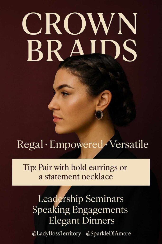 Professional woman with dark hair styled in a crown braid, wearing bold earrings and a black blazer, showcasing a regal, empowered, and versatile hairstyle ideal for leadership events and elegant dinners.