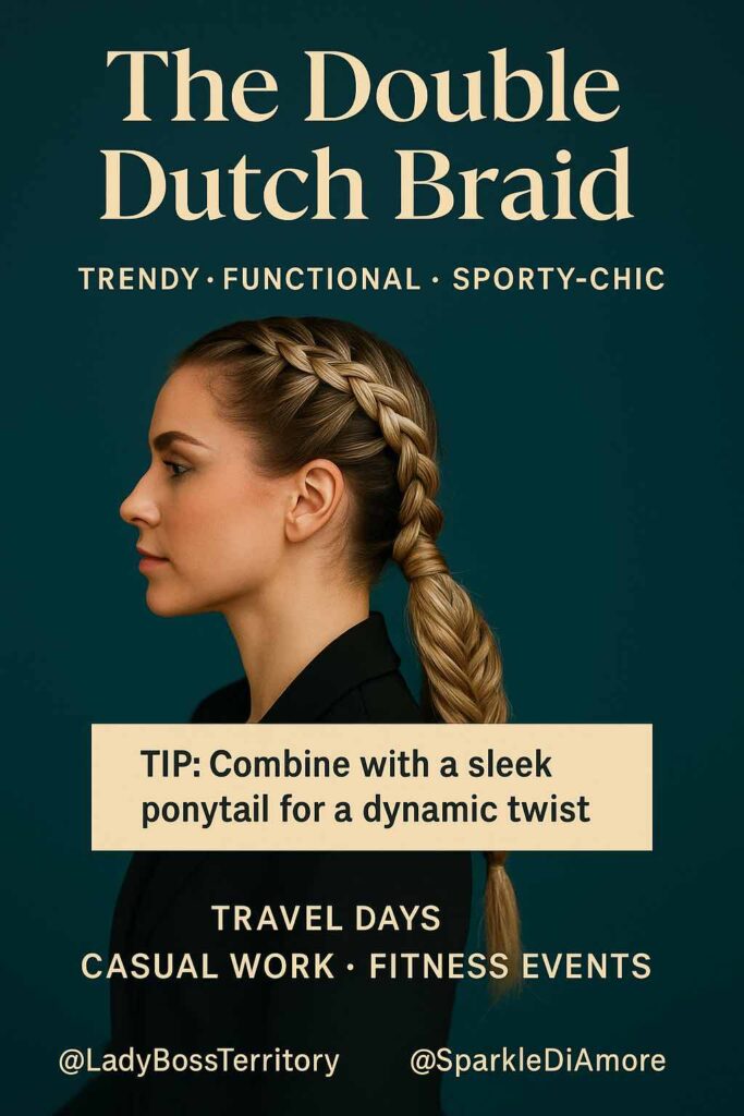 Professional woman with blonde hair styled in double Dutch braids pulled into a sleek ponytail, wearing a black blazer, showcasing a trendy and functional hairstyle perfect for travel, casual workdays, and fitness events.