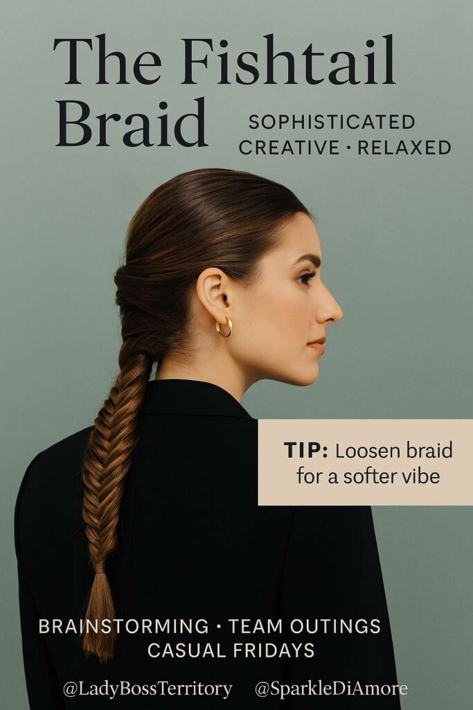 Professional woman with sleek dark hair styled in a fishtail braid, wearing a black blazer and gold earrings, showcasing a sophisticated and creative hairstyle perfect for casual Fridays, brainstorming, and team outings.