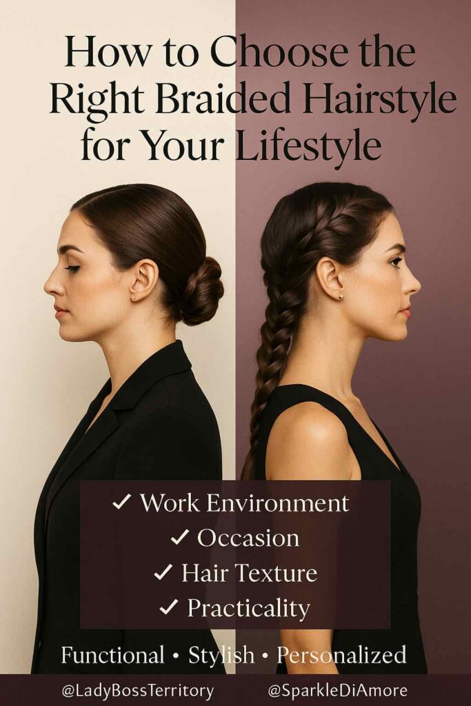 Two professional women, one with a sleek low braided bun and the other with a fishtail braid, illustrating how to choose the right braided hairstyle based on work environment, occasion, hair texture, and practicality.