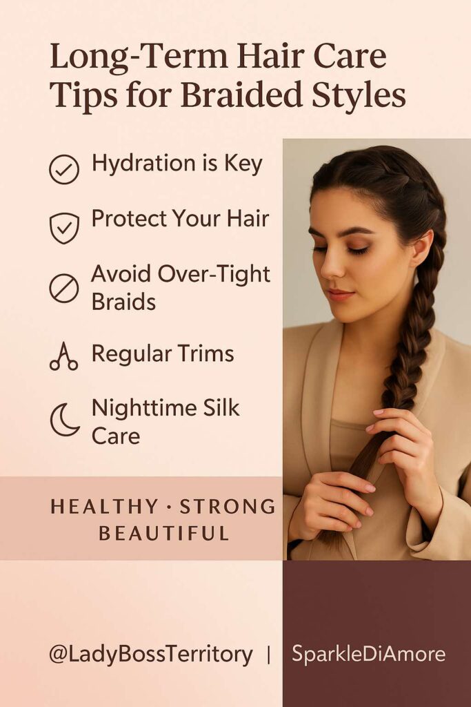 Professional woman with a braid holding her hair gently, next to a checklist of long-term hair care tips for braided styles: hydration, protection, avoiding tight braids, regular trims, and nighttime silk care.
