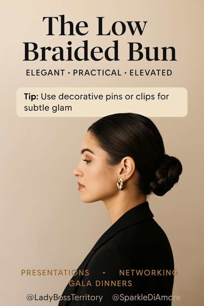 Professional woman with sleek dark hair in a low braided bun, styled with gold earrings and a black blazer, showing an elegant and practical hairstyle for presentations, networking, and gala dinners.