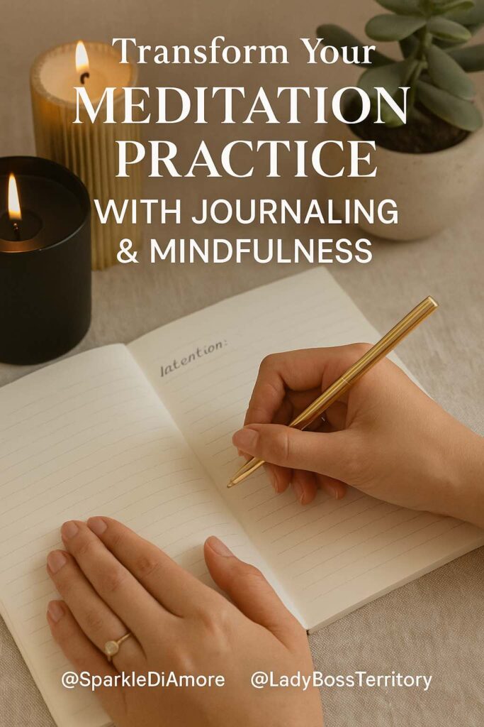 Hands writing in a mindfulness journal with lit candles on a soft table setting, enhancing meditation with intention and calm.