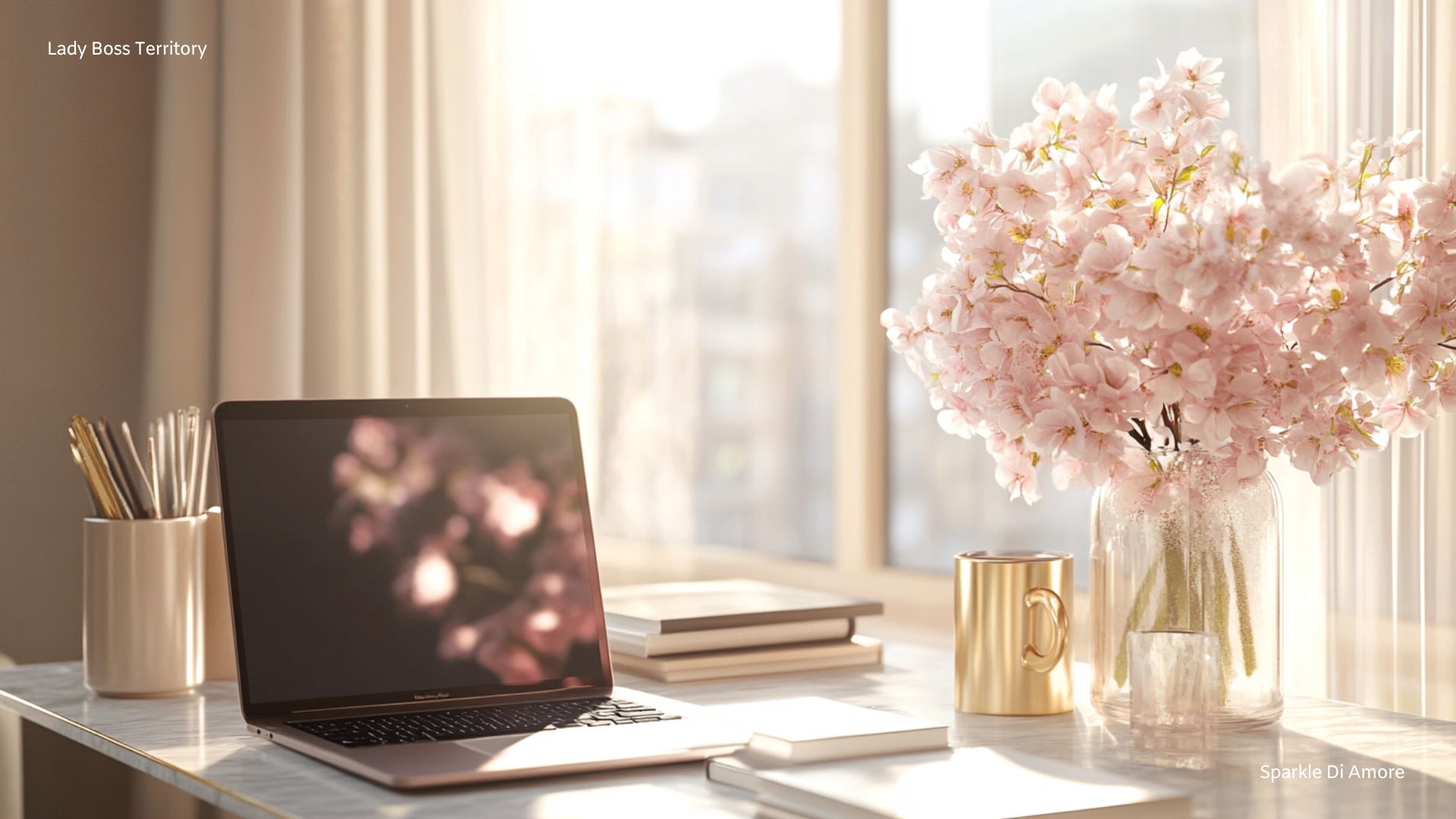 Motivational home office setup with a laptop, gold coffee mug, and pink flowers in a vase, representing 111 uplifting quotes for work-from-home women.