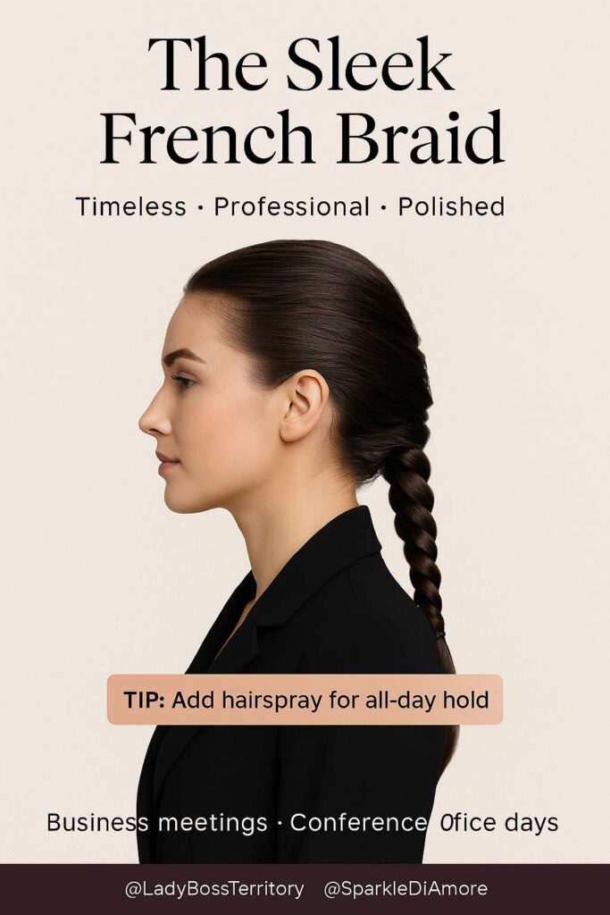 Professional woman with dark brown hair in a sleek French braid, wearing a black blazer, styled for business meetings, conferences, and office days.