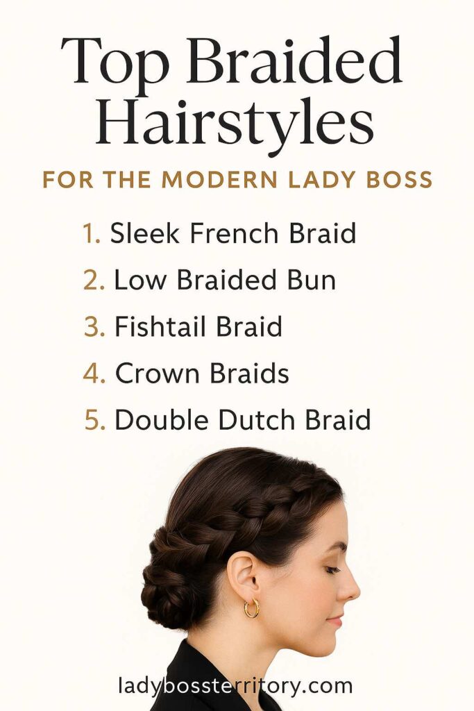 Elegant professional woman with a crown braid bun, next to a list of the top braided hairstyles for modern women leaders: French braid, low braided bun, fishtail braid, crown braid, and double Dutch braid.
