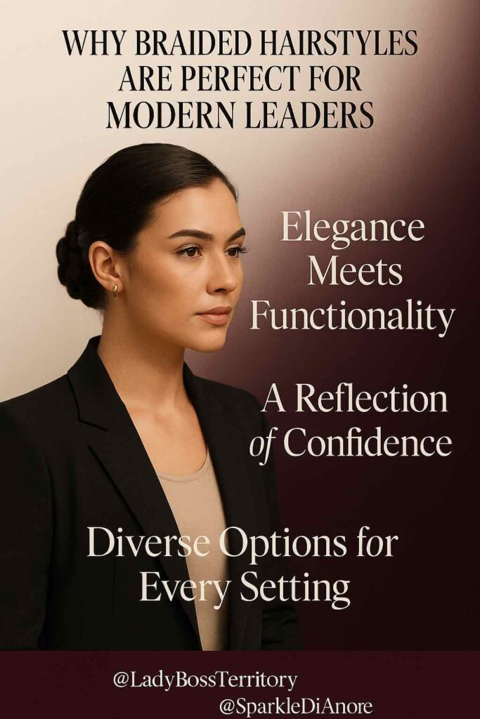 Professional woman with a sleek low braided bun and black blazer, highlighting why braided hairstyles are perfect for modern leaders—elegance, confidence, and versatile options for every setting.
