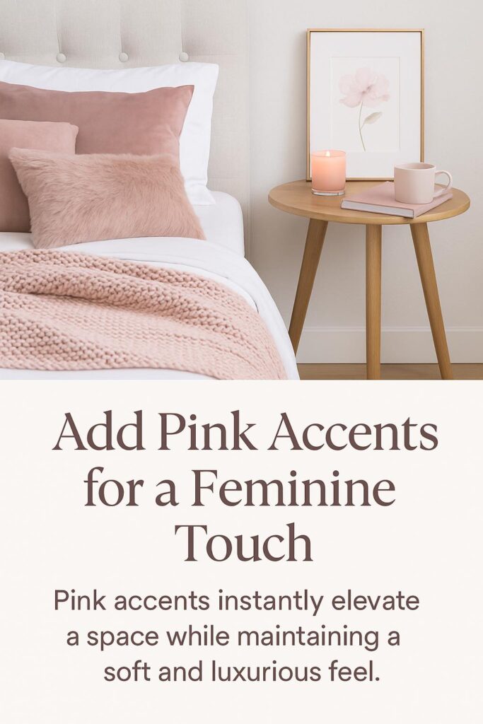 Feminine bedroom decor with pink accents, including plush throw pillows, a cozy knit blanket, gold lamp, and floral touches.