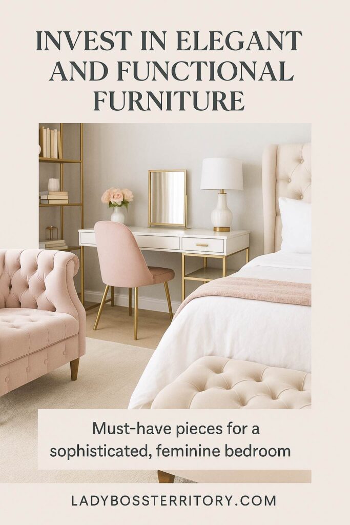 Elegant feminine bedroom decor with a blush pink tufted chair, gold-accented vanity, and chic white and gold furniture.
