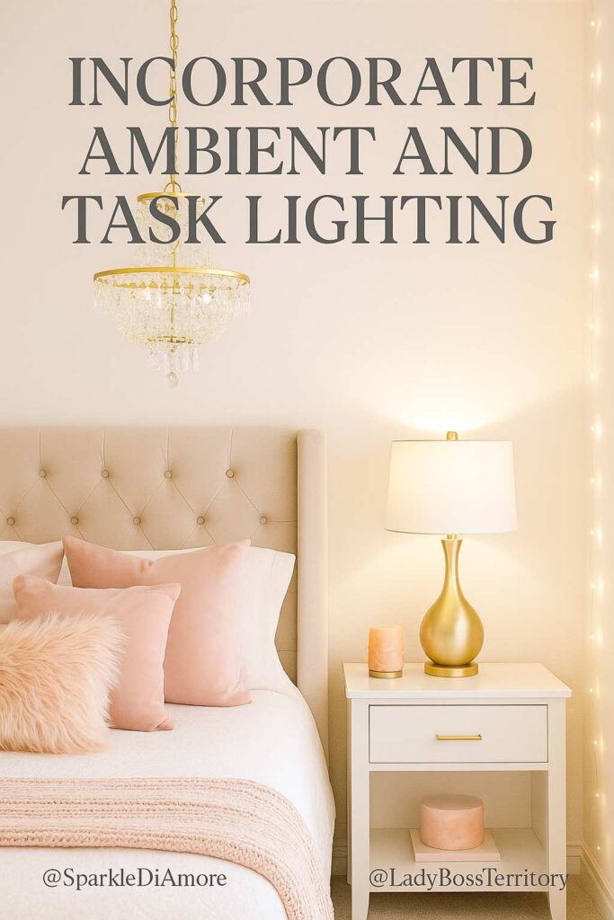 Feminine bedroom decor with ambient and task lighting including a chandelier, gold table lamp, and string lights.
