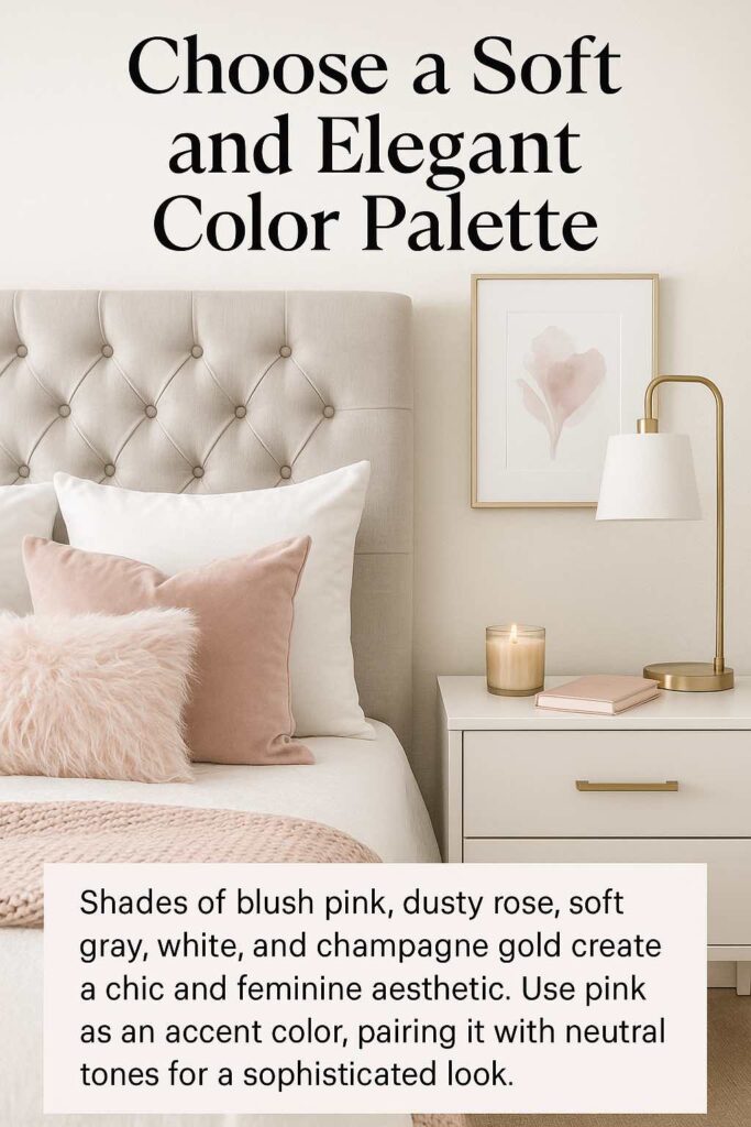 Elegant feminine bedroom featuring soft pink and white color palette with plush pillows, floral decor, and a cozy bed.