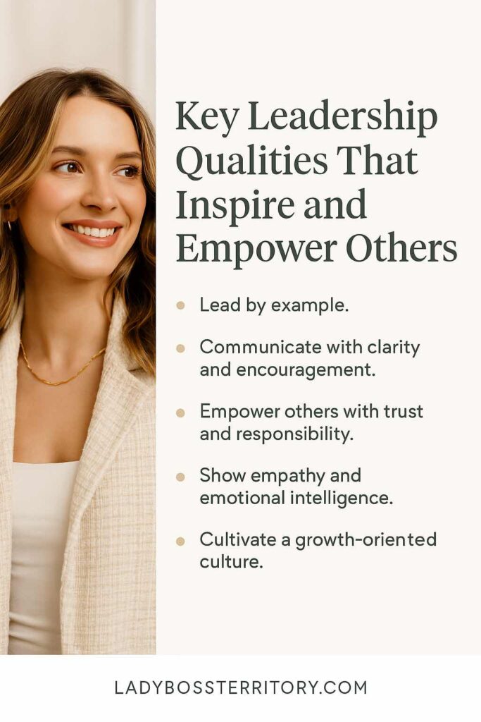 Smiling female leader in a beige jacket, representing leadership qualities like empathy, encouragement, and growth mindset