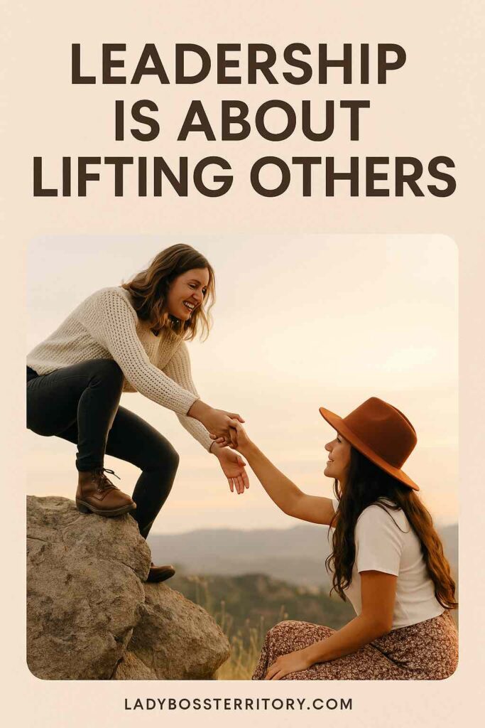Two women outdoors helping each other climb rocks, symbolizing leadership as lifting and empowering others