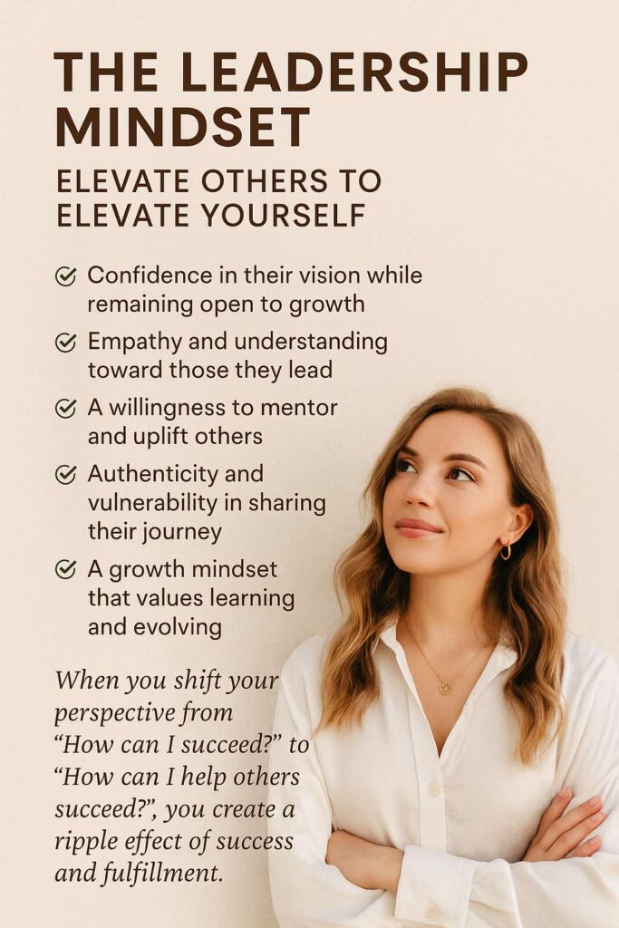 Confident female entrepreneur in white shirt, reflecting on leadership qualities like empathy, mentorship, and growth mindset

