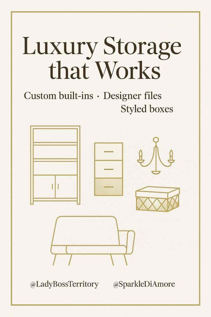 Infographic titled “Luxury Storage that Works” with illustrations of shelving, filing cabinet, chandelier, storage box, and sofa. Text highlights custom built-ins, designer files, and styled boxes.