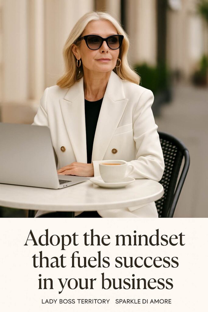 Confident woman in a white blazer working on her laptop at a café, illustrating how adopting a growth mindset fuels success in business.
