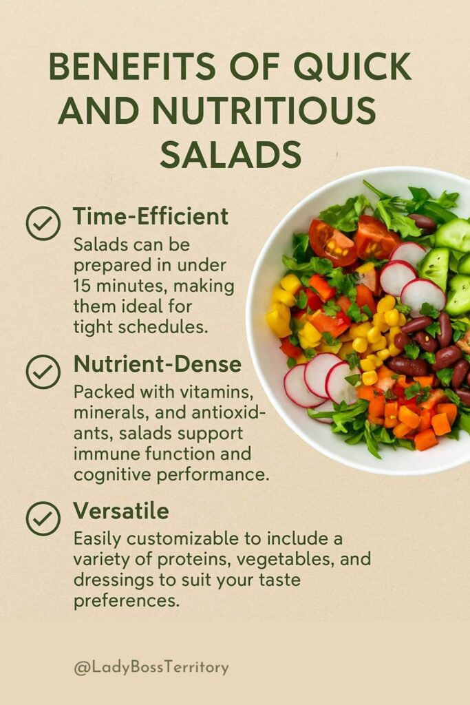 Bowl of fresh salad with spinach, chickpeas, avocado, tomatoes, and red bell peppers — showcasing the benefits of quick and nutritious meals for busy professionals