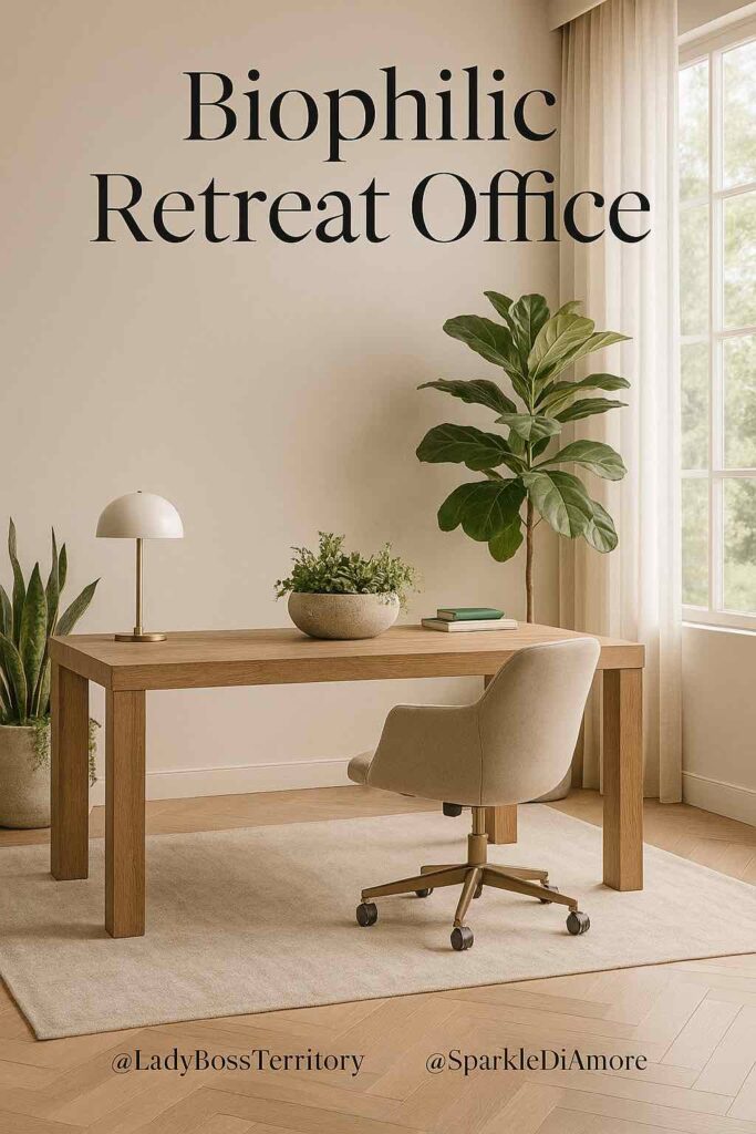 Photograph of a luxury biophilic office featuring a wood desk, ergonomic chair, modern lamp, potted plants, and a large window letting in natural light. Text overlay reads “Biophilic Retreat Office.”